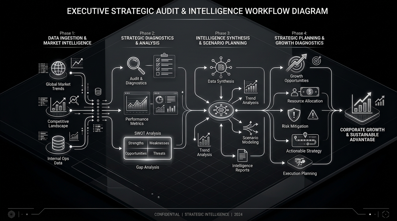 Diagrama executivo de auditoria de inteligência estratégica e governança